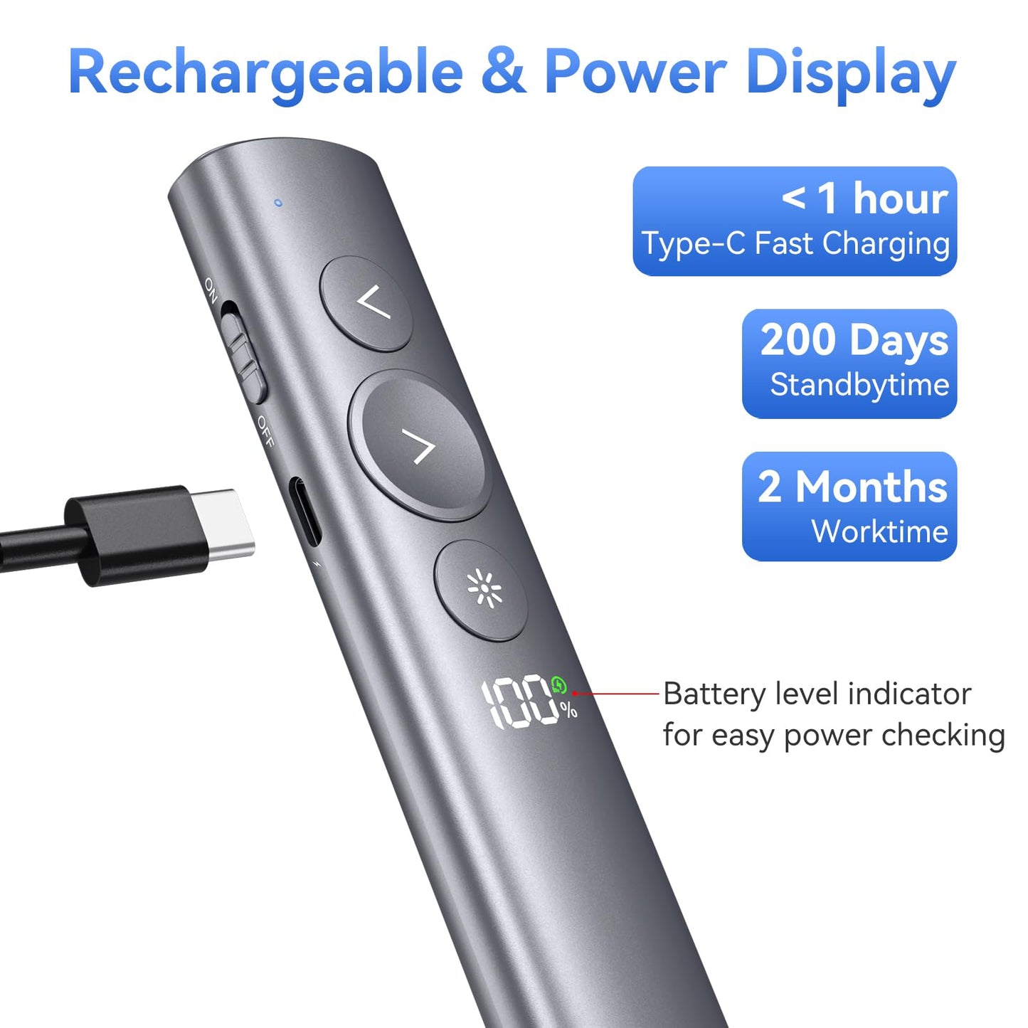 Rechargeable Presentation Clicker with Red Laser Pointer for PowerPoint, Power Display Wireless Presenter Remote with USB-A & USB-C Dongle, Slide Advancer for Mac, Windows, Laptop, Classroom, Office
