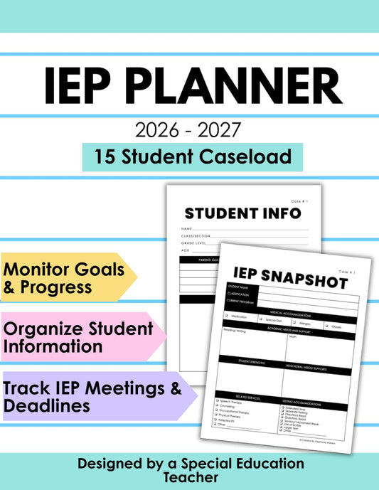 IEP Planner 2026–2027 | Special Education Teacher Caseload Organizer (15 Students) | Track IEP Meetings, Goals & Student Data | SPED, Speech, Counseling, Homeschool (IEP Planners for 2026-2027)