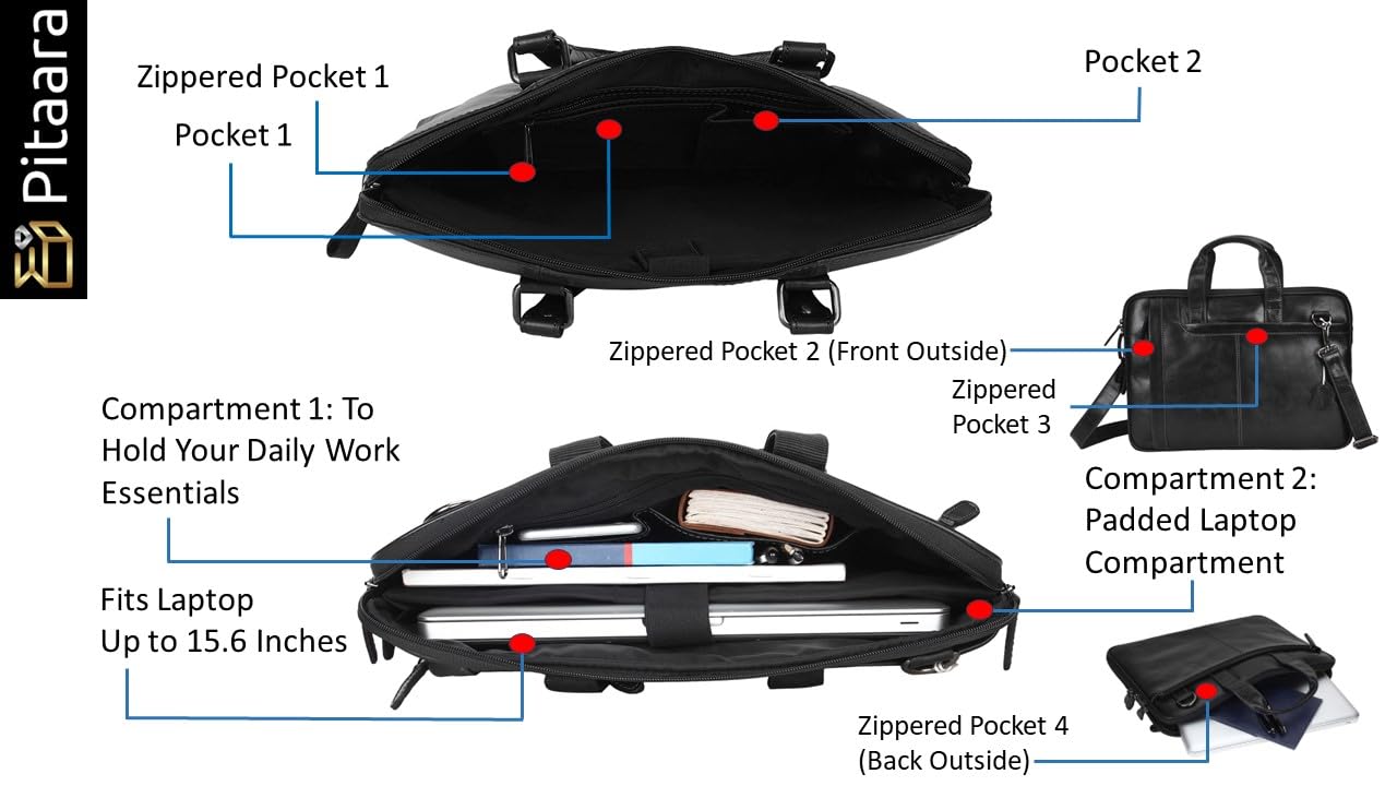 Pitaara Genuine Leather Messenger Laptop Bag For Men And Women, Black Briefcase, Fits Laptop Size 16", Unisex