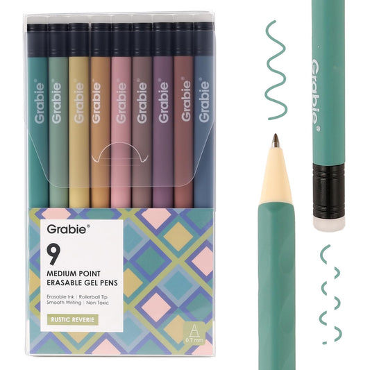 Grabie Erasable Gel Pens, Medium Point 0.7 mm Erasable Pens, Make Mistakes Disappear for Drawing Writing Planner, Pack of 9 Assorted Colors(Rustic Reverie)