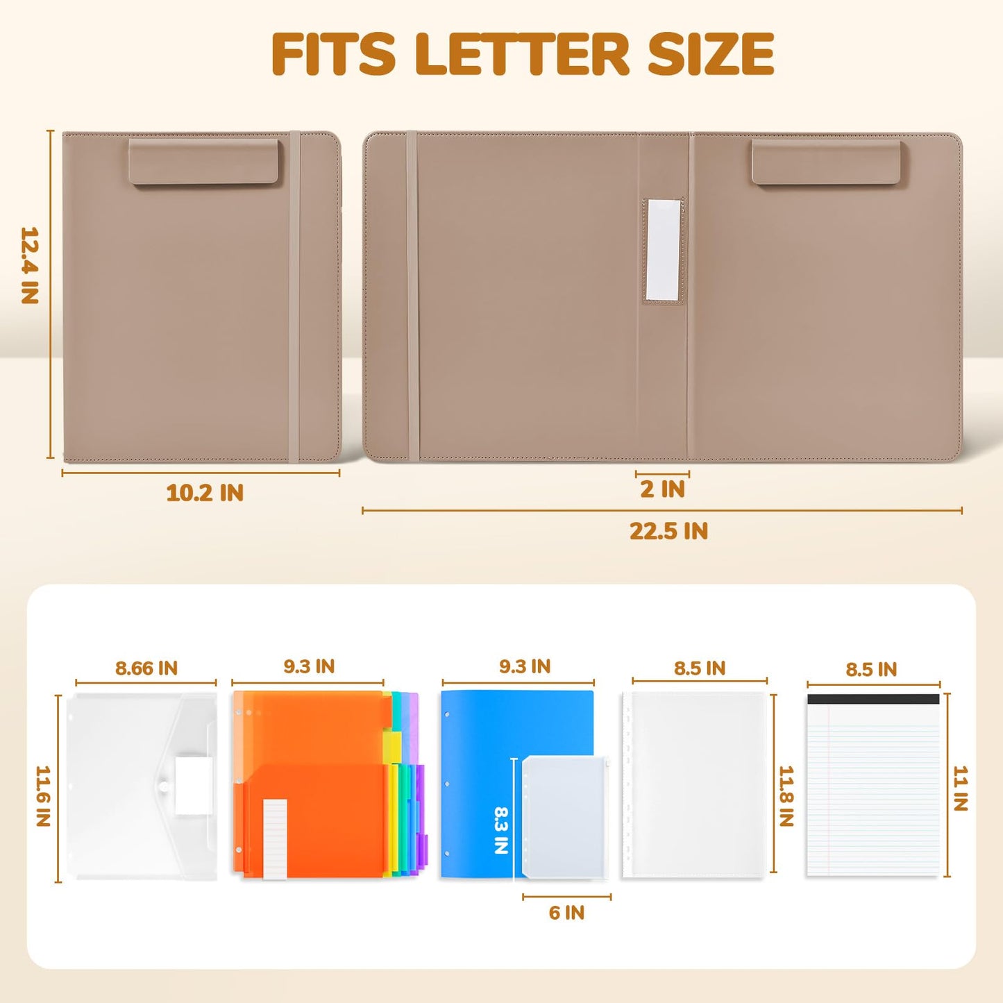 JoyCat 3 Ring Binder Clipboard with Storage,12.4"x10.2"Magnetic Clipboard Folder with 5 Expandable Folders,Refillable Lined Notepad (11" x 8.5"),Ideal for School Office Nursing(Khaki)
