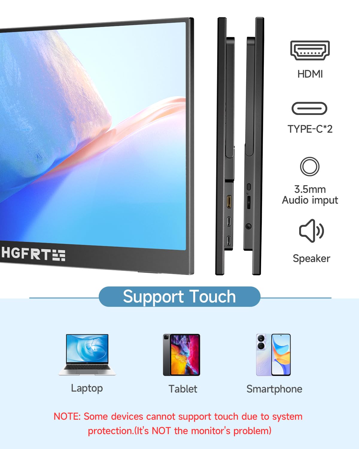 HGFRTEE Portable Monitor Touchscreen 15.6", 1920x1080 60Hz FHD IPS HDR 10-Point Touch Screen Monitor with Built-in Stand & Speaker, HDMI USB C VESA External Travel Monitors for Laptop, PC, Mac, Phone