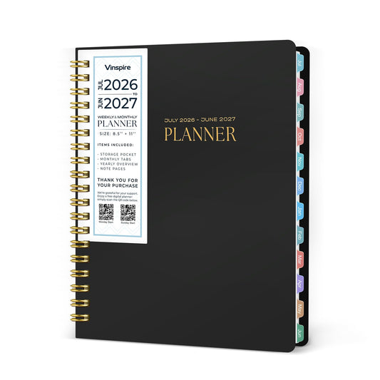 Vinspire 2026 Planner - Yearly, Monthly, and Weekly Planner 2026-2027 for Teachers & Students - Spiral US Academic Year Student Calendar Planners with Notes Pages 2026 Planner Weekly and Monthly - Large (Black, 8.5"×11")