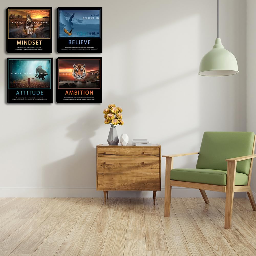 Motivational Wall Art Inspirational Canvas Poster Print Modern Inspiring Entrepreneur Quotes Animals Painting Picture Office Wall Decor Framed Artwork 4 Pieces Living Room Bedroom Workplace Decoration