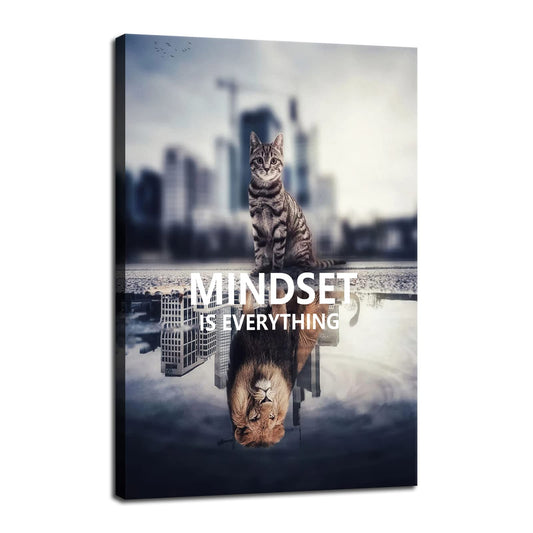 Inspirational Animal Cat And Lion Mindset is Everything Inspirational Wall Art Canvas Print Artwork Frame Decoration Modern Home Decoration Living Room Bedroom Ready to Hang[12''W X 18''H]