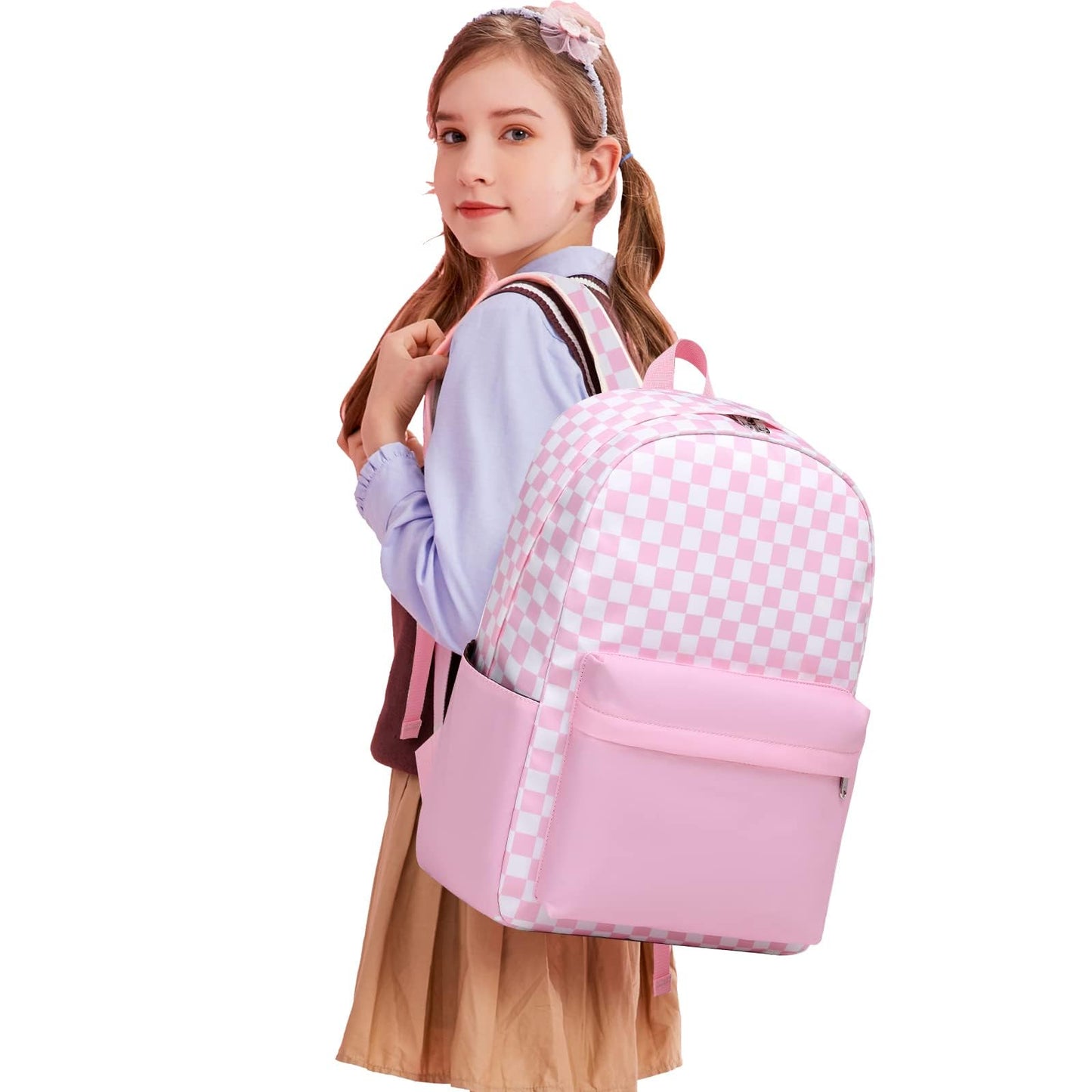 Sugaroom Checkered School Backpack for Girls with Lunch Box Lightweight Kids Bookbags Preschool Primary Elementary Students School Bags (Checkered Pink)