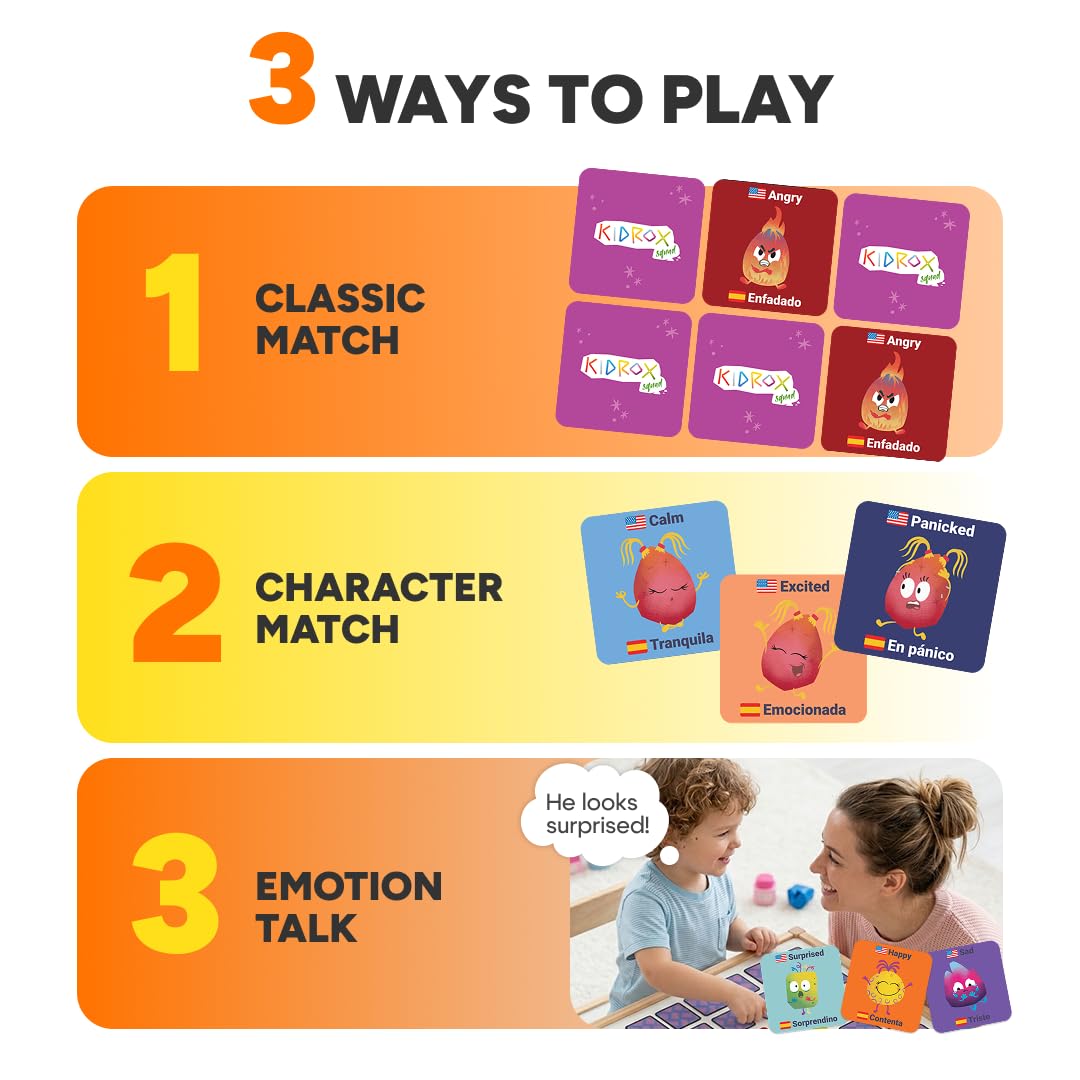 Kidrox Emotions Matching Game – Bilingual Memory Card Game in English & Spanish for Kids Ages 3+ | Learn & Mimic Emotions with Kidrox Squad | Premium Magnetic Box | 40 Tiles