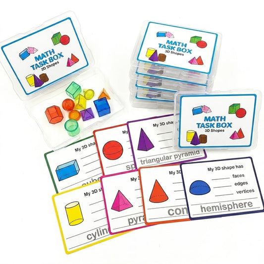 Math Task Boxes Set of 5 Math Manipulatives Themes 230+ Pieces of Number Rods, Base Ten Blocks, Ten Frame Disc Counters, Place Value Blocks, 0-9 Numbers, 3D Shapes, Activity Cards (3D Shapes)