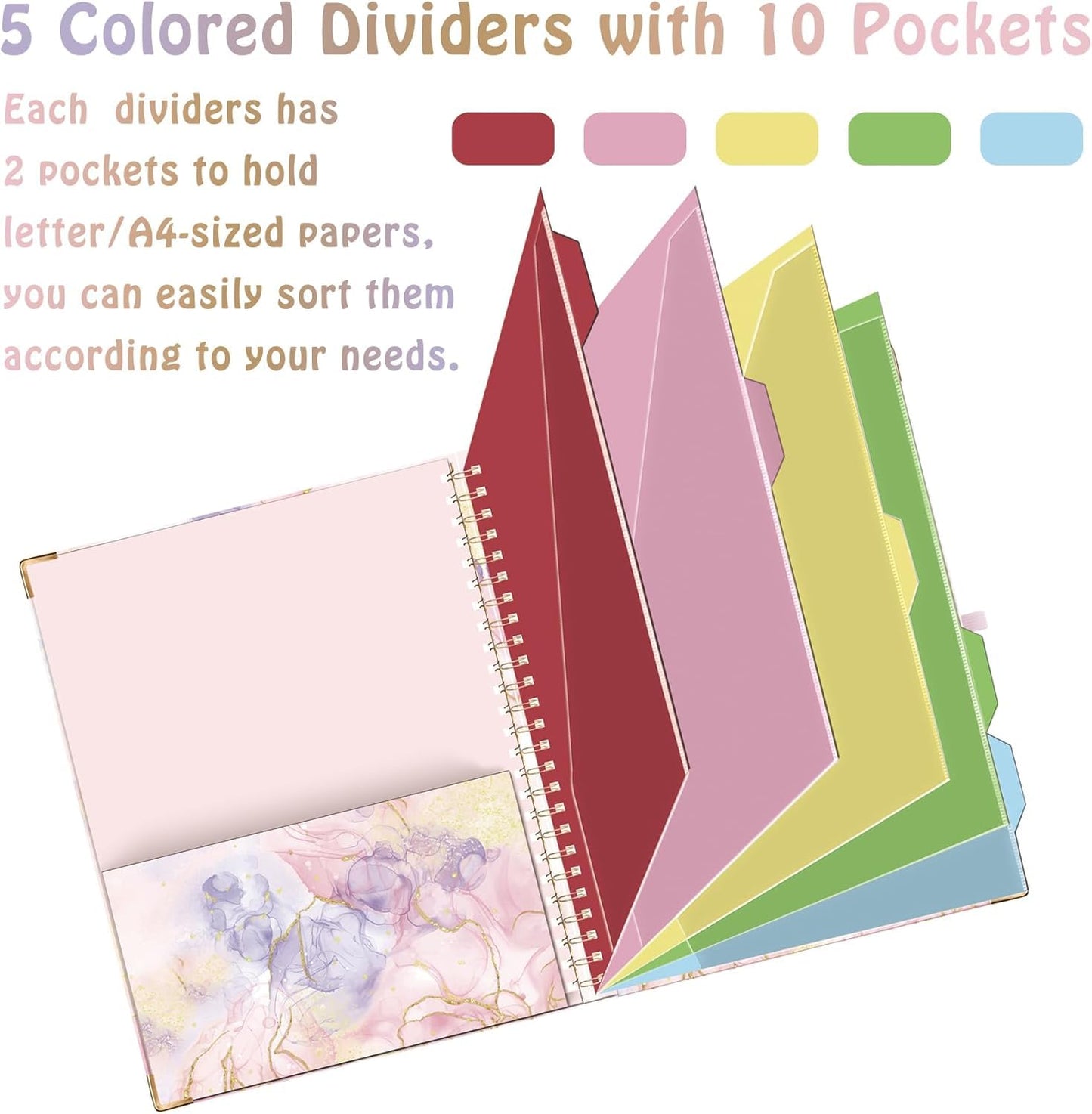 HAUTOCO Clipboard Folio with Refillable Notepad for Letter Size (11" x 8.5"), 5 Dividers with 10 Pockets, Elastic Pen Holder and File Folder Labels, Spiral Nurse Clipboard Artboard(Pink Marble)