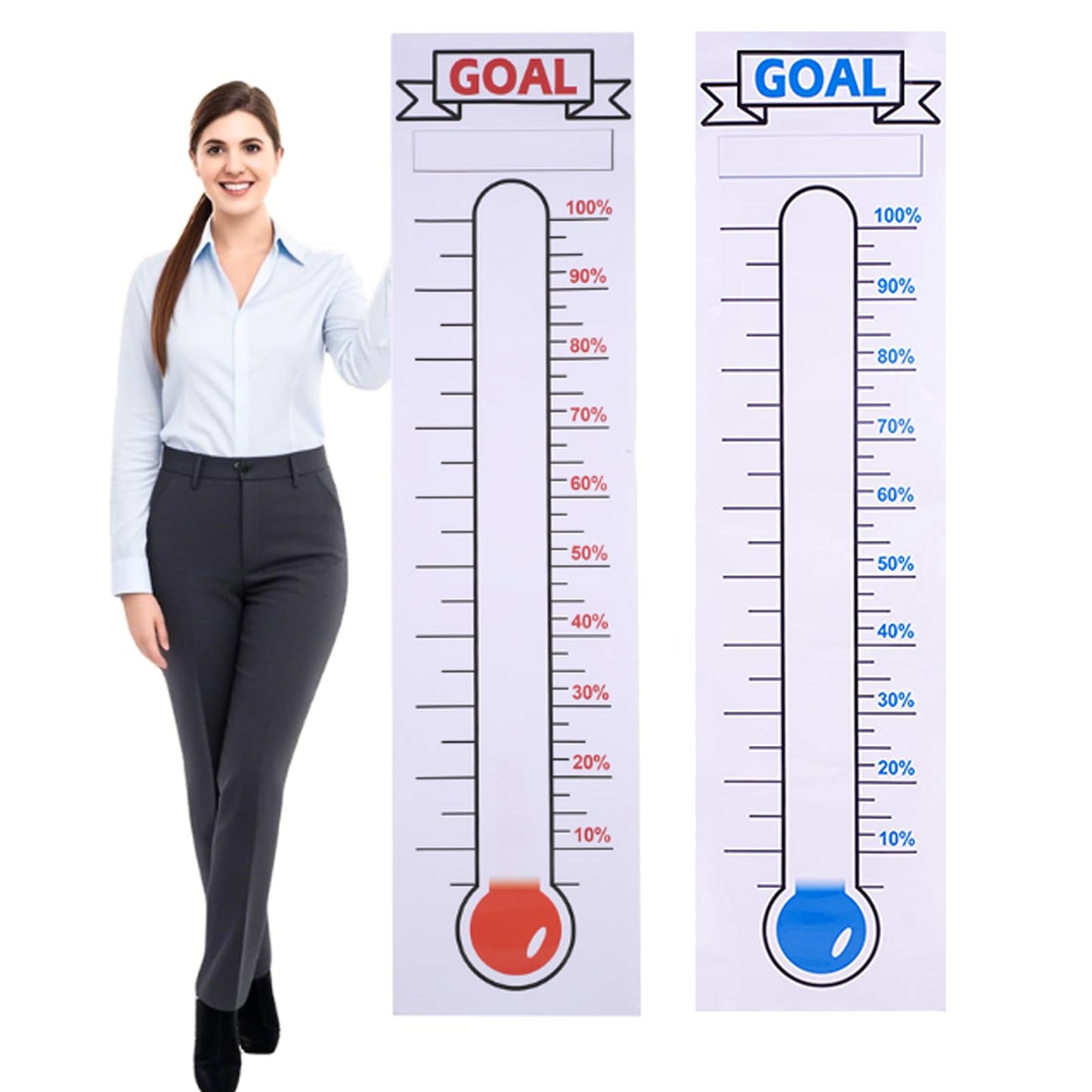 2 Pcs Fundraising Thermometer Goal Chart Poster Sticker, 48" x 12" Dry Erase Self-Adhesive Goal Trackers: Ideal for Fundraising Campaigns, Non-Profit Events, Charity Drives & Community Projects