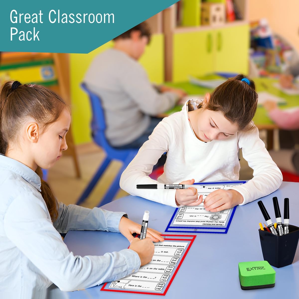 EXTRIC 24 Pack Dry-Erase Sheets, Clear Plastic Paper Sleeves, Assorted Color, 10x16 inches, 24 Pieces