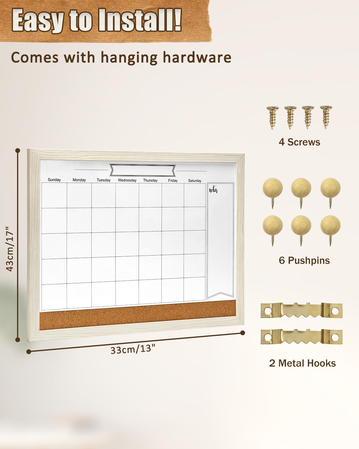 Dry Erase Calendar Whiteboard for Wall, Small Combination Magnetic Dry Erase White Board & Bulletin Board, 13" x 17"，White Frame Calendar/Cork Combo Board(WH-3343)