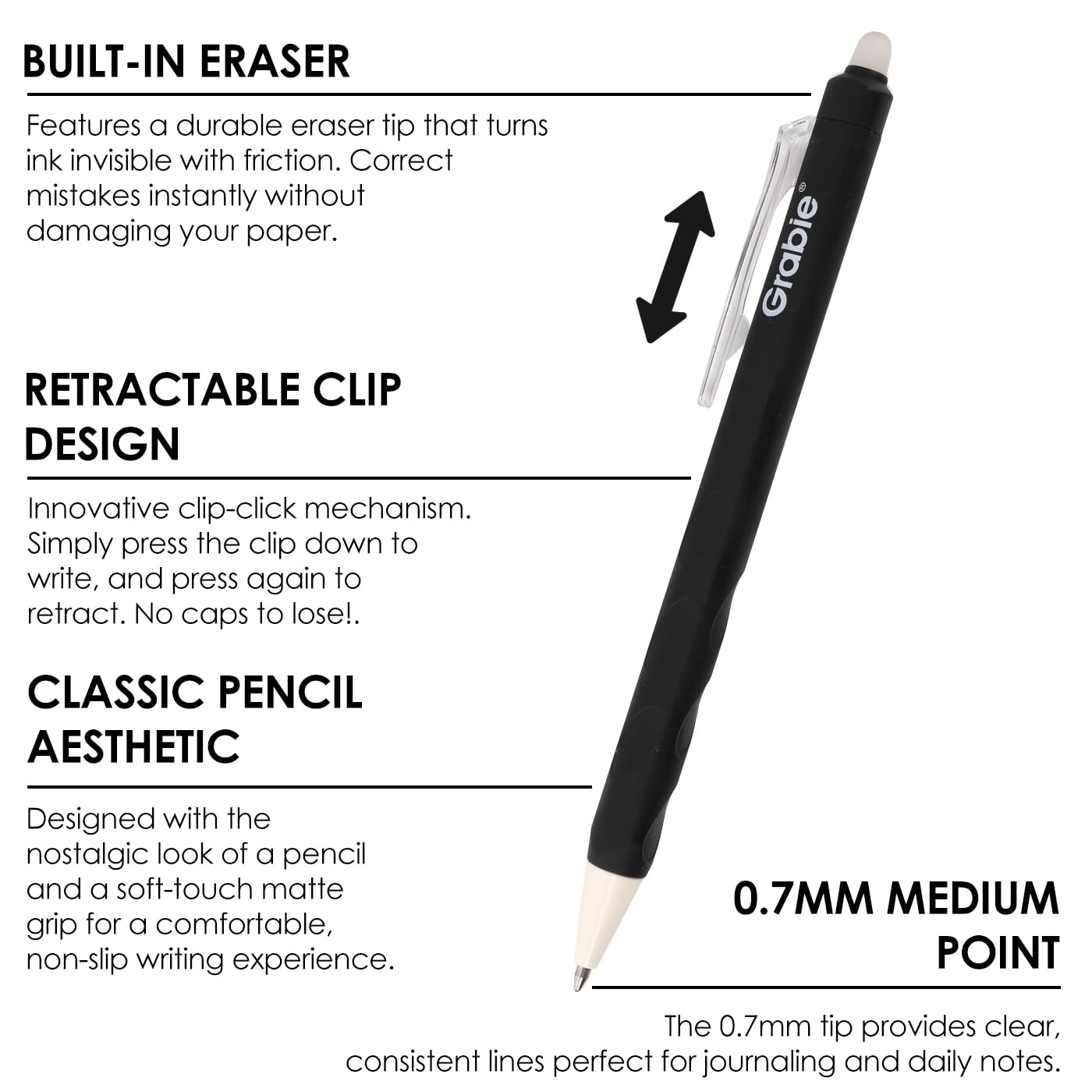 Grabie Erasable Gel Pens, Medium Point 0.7 mm Erasable Pens, Make Mistakes Disappear for Drawing Writing Planner, Pack of 6, Black