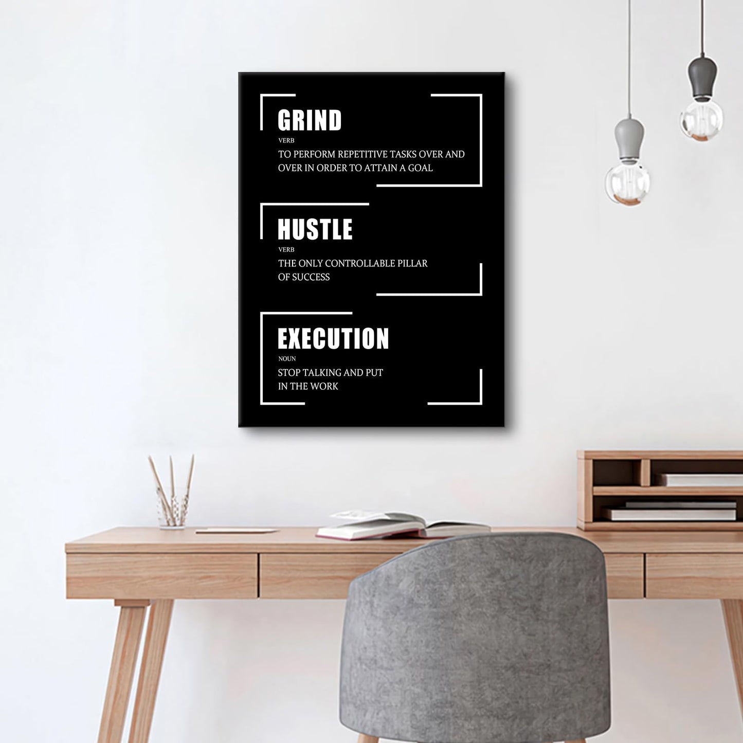 Motivational Canvas Wall Art Grind Hustle Execution Entrepreneur Quotes Poster Print Inspirational Pictures Painting for Office Class Room School Wall Decoration Stretched and Framed [18''Wx24''H]