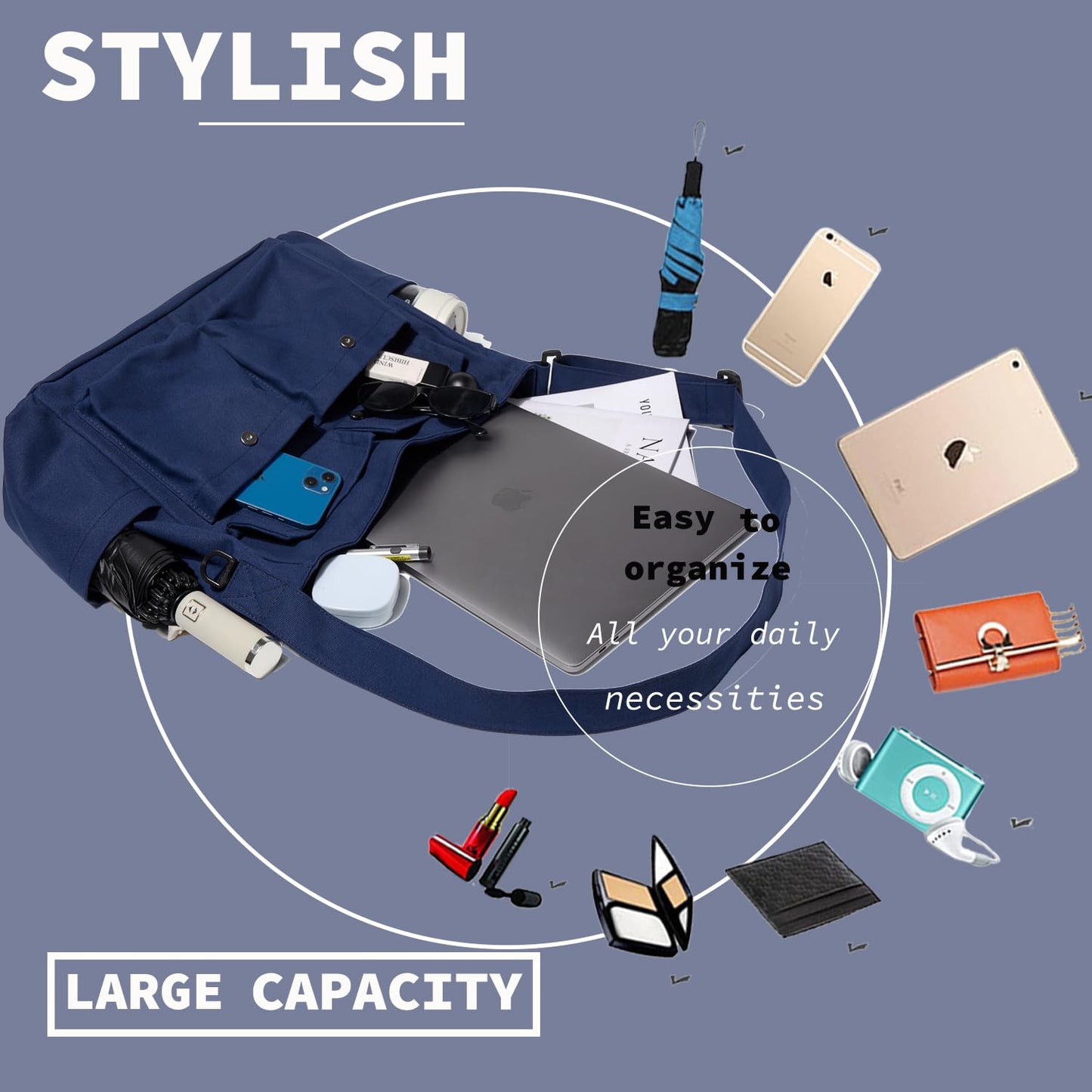 Canvas Messenger Bag Large Hobo Crossbody Bag with Multiple Pockets Casual Shoulder Tote Bag for Women and Men