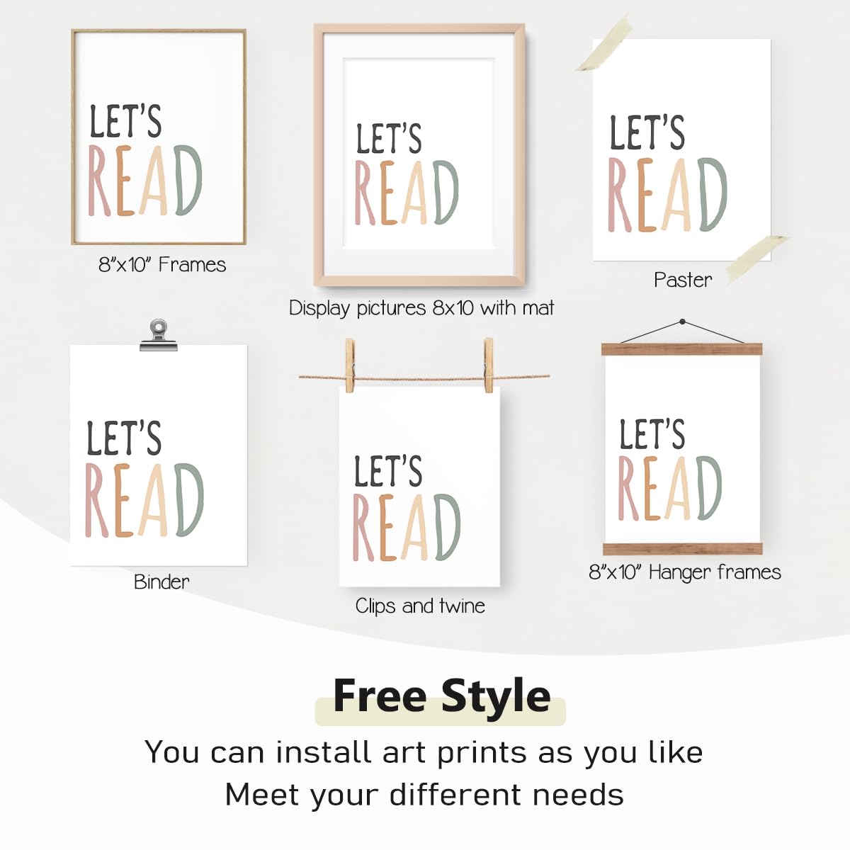 PLKMN Reading Nook Decor for Kids, Boho Rainbow Prints, Let's Read Posters, Classroom and Nook Wall Art, 8x10 Inch, Set of 4, Unframed