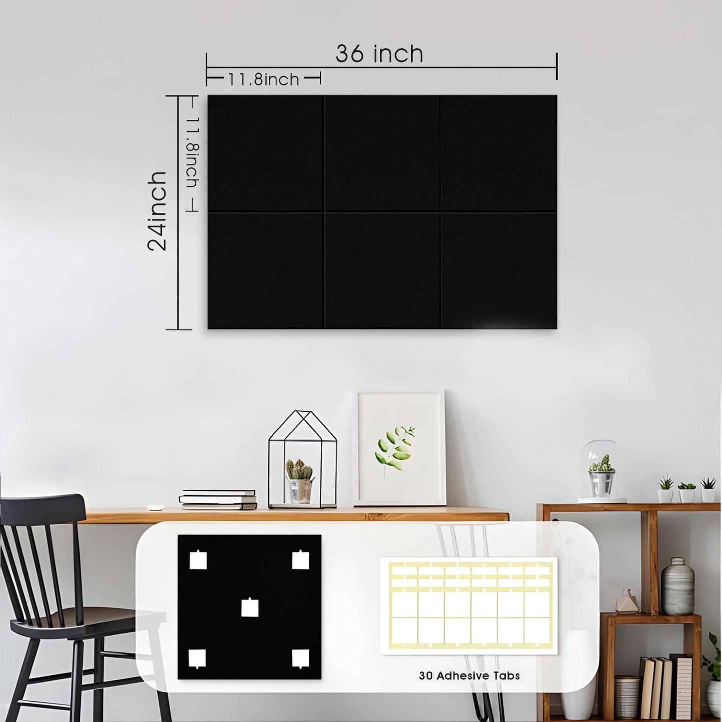 Large Cork Board for Office Wall Decor, 36"x24"- 6 Pack Felt Wall Tiles with Safe Removable Adhesive Tabs, 1/2" Thick, Felt Bulletin Board Pin Board Cork Boards for Walls - Black