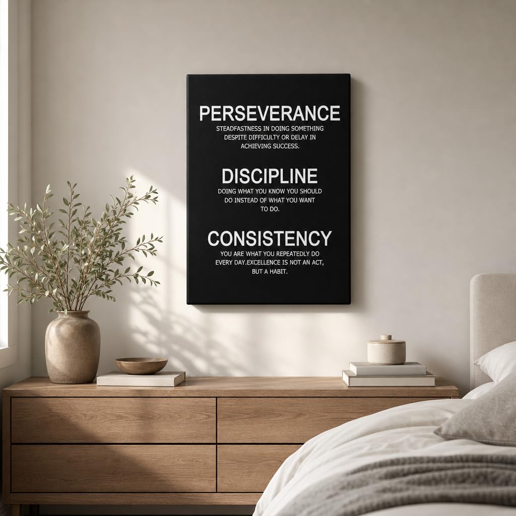 PJQART Inspirational Posters for Office Canvas Wall Art, Perseverance Discipline Consistency Definition Print for Home Office Dorm Classroom, Framed Black White, 24x18inch