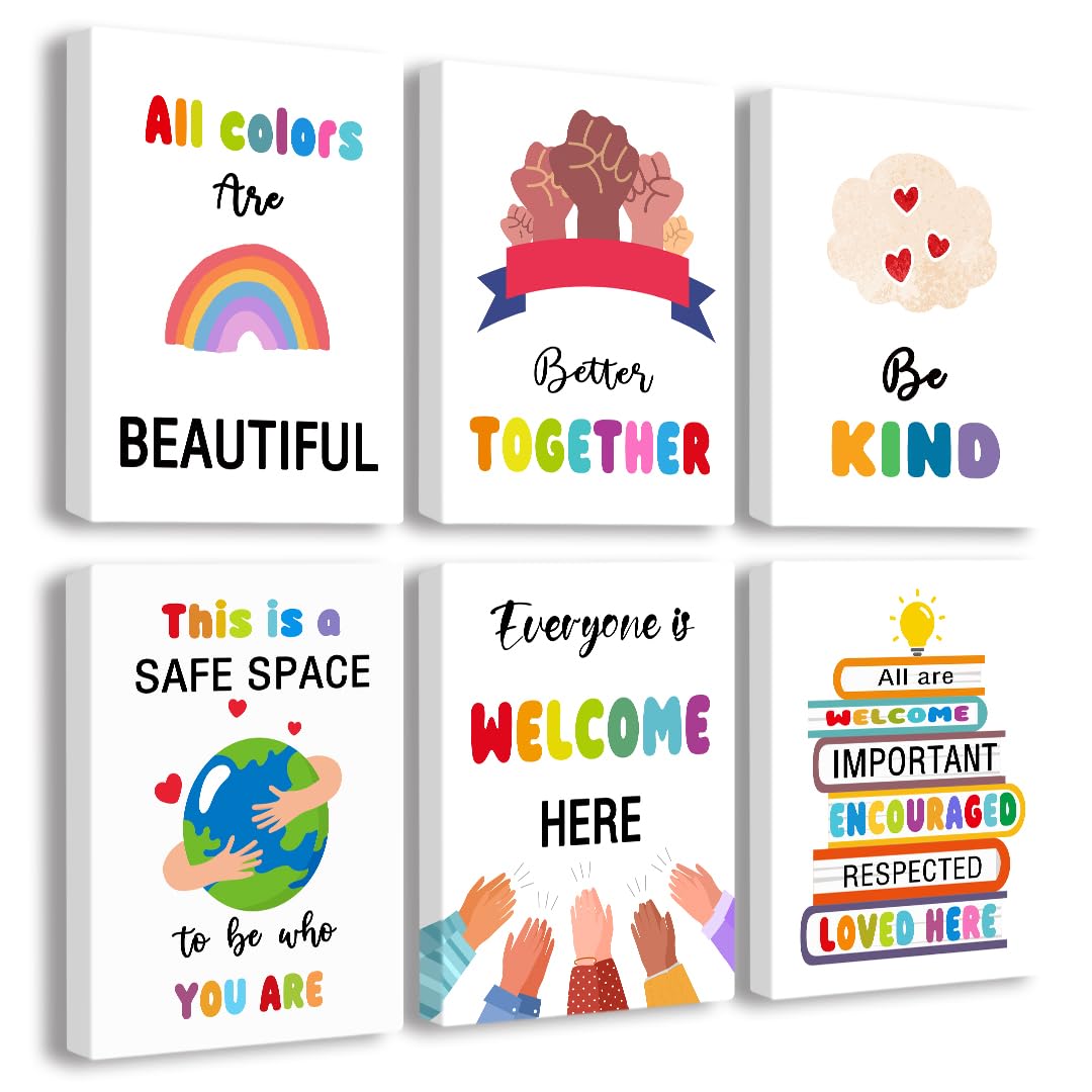 Classroom Canvas Wall Art, Kindness Diversity Canvas for Classroom Decorations，Teacher Canvas for Elementary Classroom Decor，Diversity Decorations for Classroom Canvas,Tabletop/Hanging，6-pack(29 x 38 cm) framed
