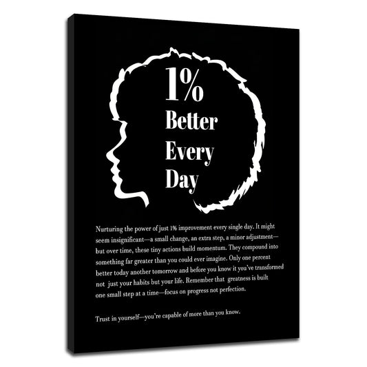 DINGFUN Inspirational Posters for Office 1 Percent Better Every Day Canvas Wall Art, Black White Quote Single Panel Wall Decor for Home Office Dorm Classroom 24x18 Inch