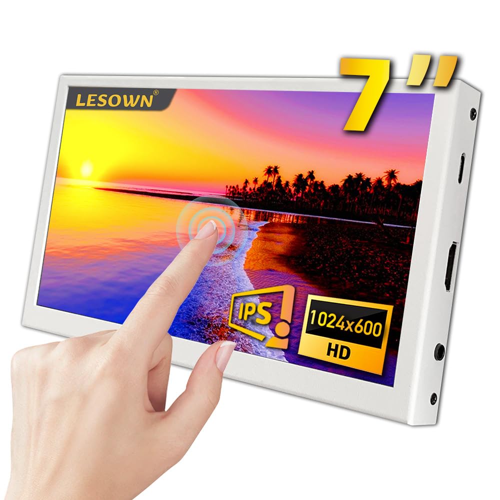 LESOWN Small Monitor 7 inch 1024x600 IPS Capacitive Touch 7" HDMI Wide Screen Portable LCD Display with Speakers for Raspberry Pi Laptop White