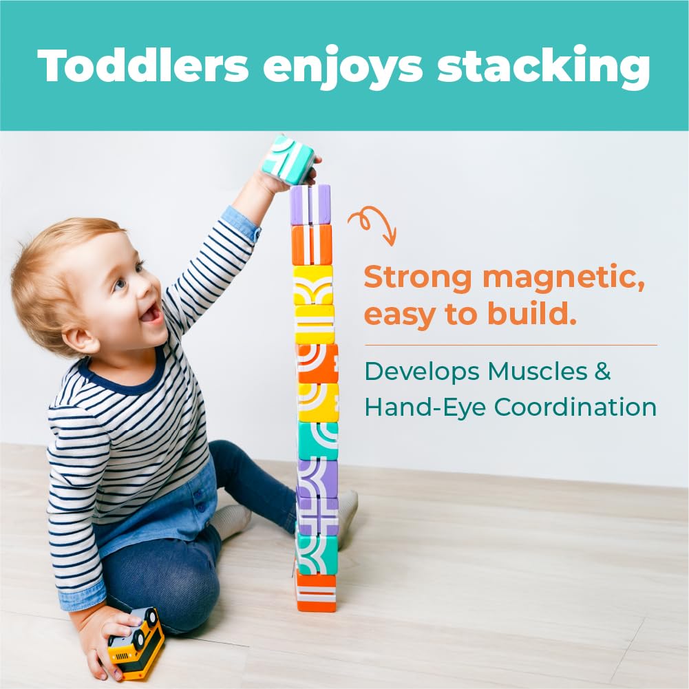 QBI Magnetic Blocks for Toddlers 1-3｜School Bus Toy Set with 12 Pastel Track Cubes｜STEM Montessori Educational Toys for 1 Year Old Boys & Girls｜Safe Large Building Bricks (13 Pieces Starter Pack)