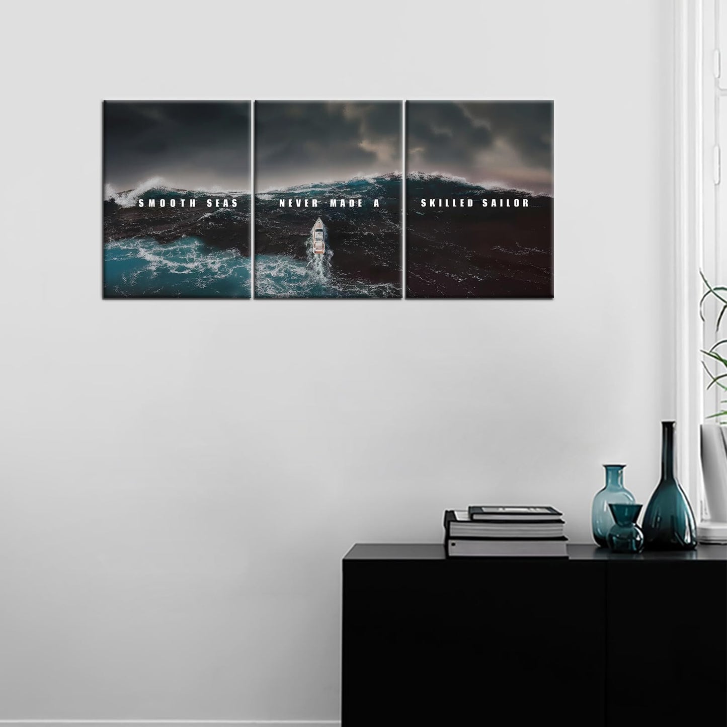 PSYYSP 3 Piece Canvas Wall Art Smooth Seas Never Made a Skilled Sailor Quote, Stormy Ocean Boat Triptych Wall Decor for Bedroom Office, Framed Canvas Prints Set 36x16 Inch