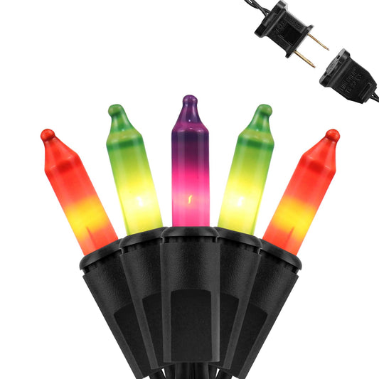 FESTIA String Lights - 100 Count Mini Incandescent, 26.5ft Black Wire, UL Listed, Purple Orange Green, Connectable up to 125ft