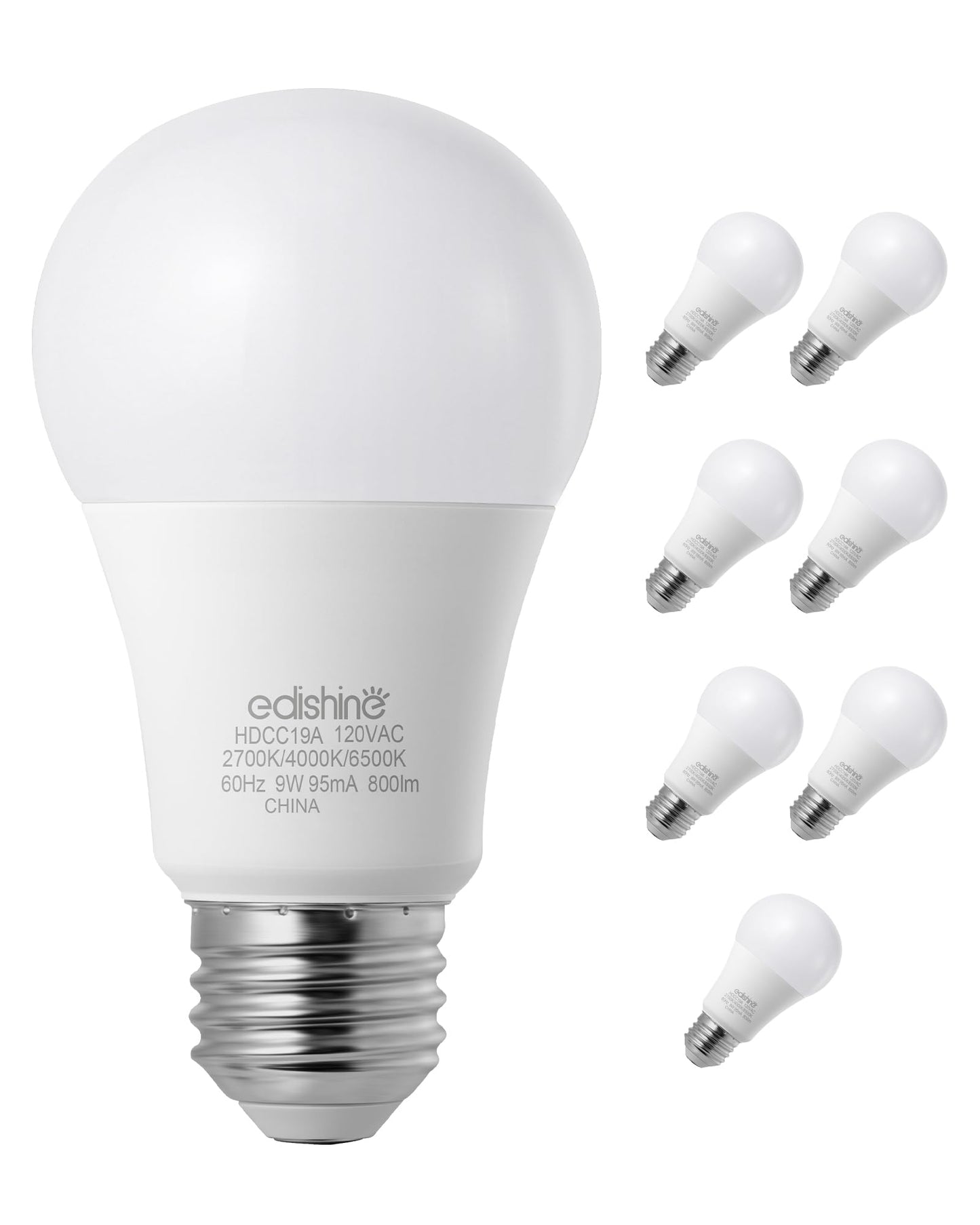 EDISHINE Dimmable LED Light Bulb 800LM 9W E26 Base 3 Color Temperatures 2700K/4000K/6500K Warm White 8 Pack