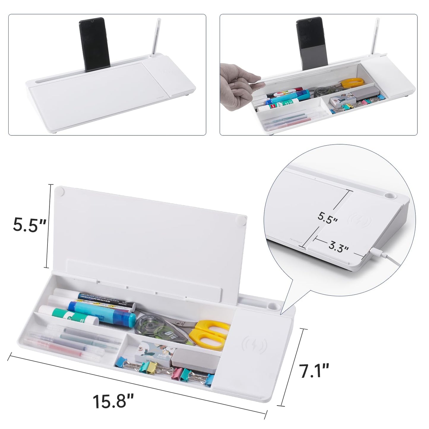 Small Glass Desktop Whiteboard Dry-Erase-Board - Computer Keyboard Stand with Wireless Charger White Board Surface Pad with Drawer, Desk Organizers with Accessories for Office, Home, School Supplies