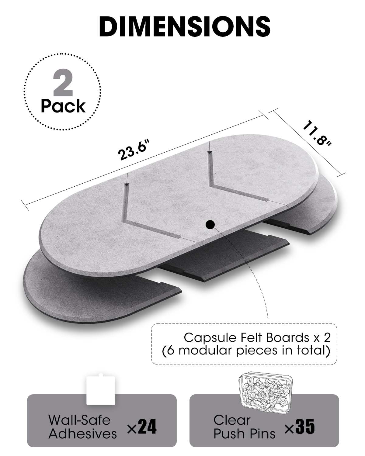 Cork Board Alternative, Felt Bulletin Board for Walls, 2-Pack 23.6"x11.8" Pin Board Wall Organizer with 35 Push Pins, Adhesive Install Wall Decor for Office, Classroom, Home, Desk Accessories