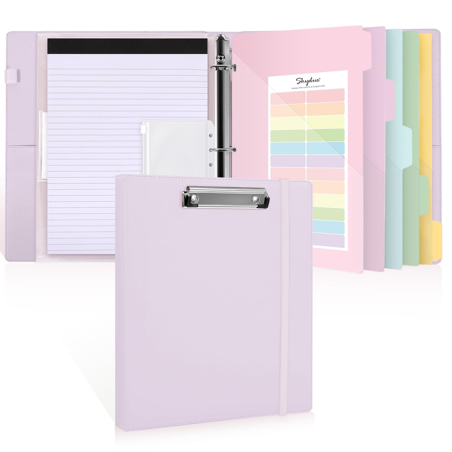 SKYDUE 3 Ring Binder with Clipboard 1 Inch, 13.2" × 10.2" PU Clipboard Binder with Notepad & 5 Dividers with 5 Pockets, Labels, Clipboard Folder Great for School Office (Fit Letter Sized Paper)