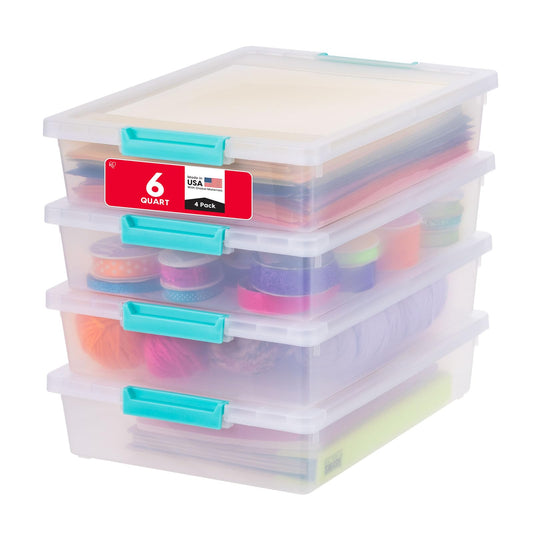 IRIS USA 6 Qt. Craft Storage Bins with Lids, 4-Pack, |Made in USA|, Clip Box, Small Plastic Sensory Bin Tote Organizer Containers for Art Supplies, Paper, & Office, Stackable - Clear/Seafoam Blue