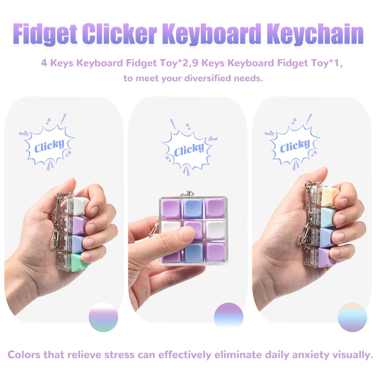 3 Pcs Keyboard Fidget Toy, Purple Loud Fidget Keyboard Keychain 4-in-1 Keyboard Clicker Fidget Toy Stress Relief, 9Key Fidget Clicker Toys for Anxiety Decompression, Purple