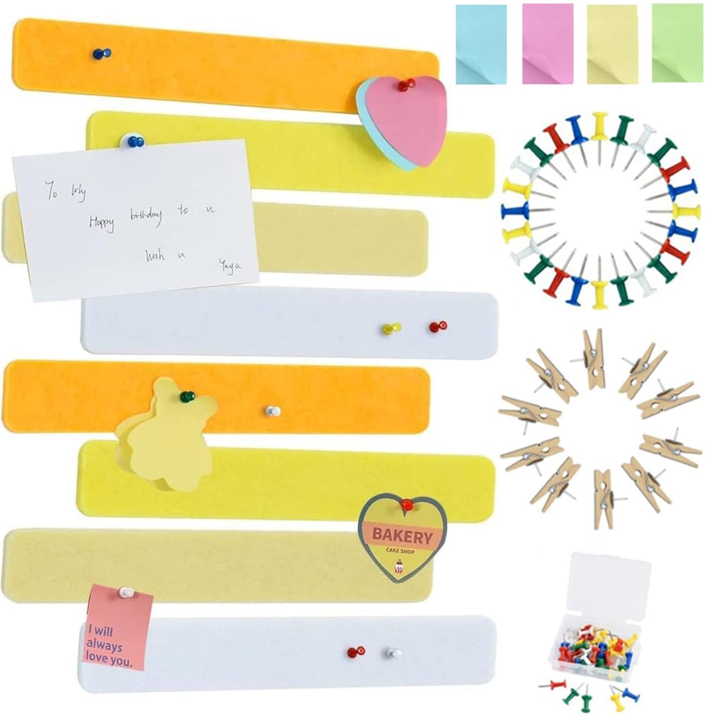 Vuzvuv 8 pcs Bulletin Board Bar Strips with 50 Pushpins，Self Adhesive Cork Board for Wall，Felt Pin Board for School，Office Decor(Yellow White)