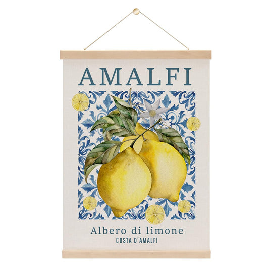 Italian Amalfi Coast Lemon Wall Art Poster Hanger, Blue Mediterranean Tiles Lemons Tree Italian Wall Art With Wooden Poster Hanger for Home Kitchen Living Room Dining Room Decor 15.8x11.8 Inch