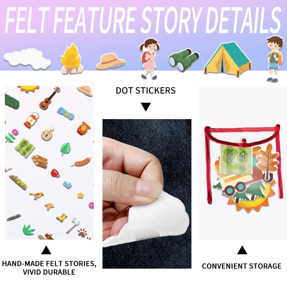 BEUNITONE 48 Pcs Camping Theme Felt Story Board Set, Outdoor Adventure Flannel Fuzzy Felt Play Kits Portable Travel Play Kit for Friends DIY Crafts Learning & Family Activity