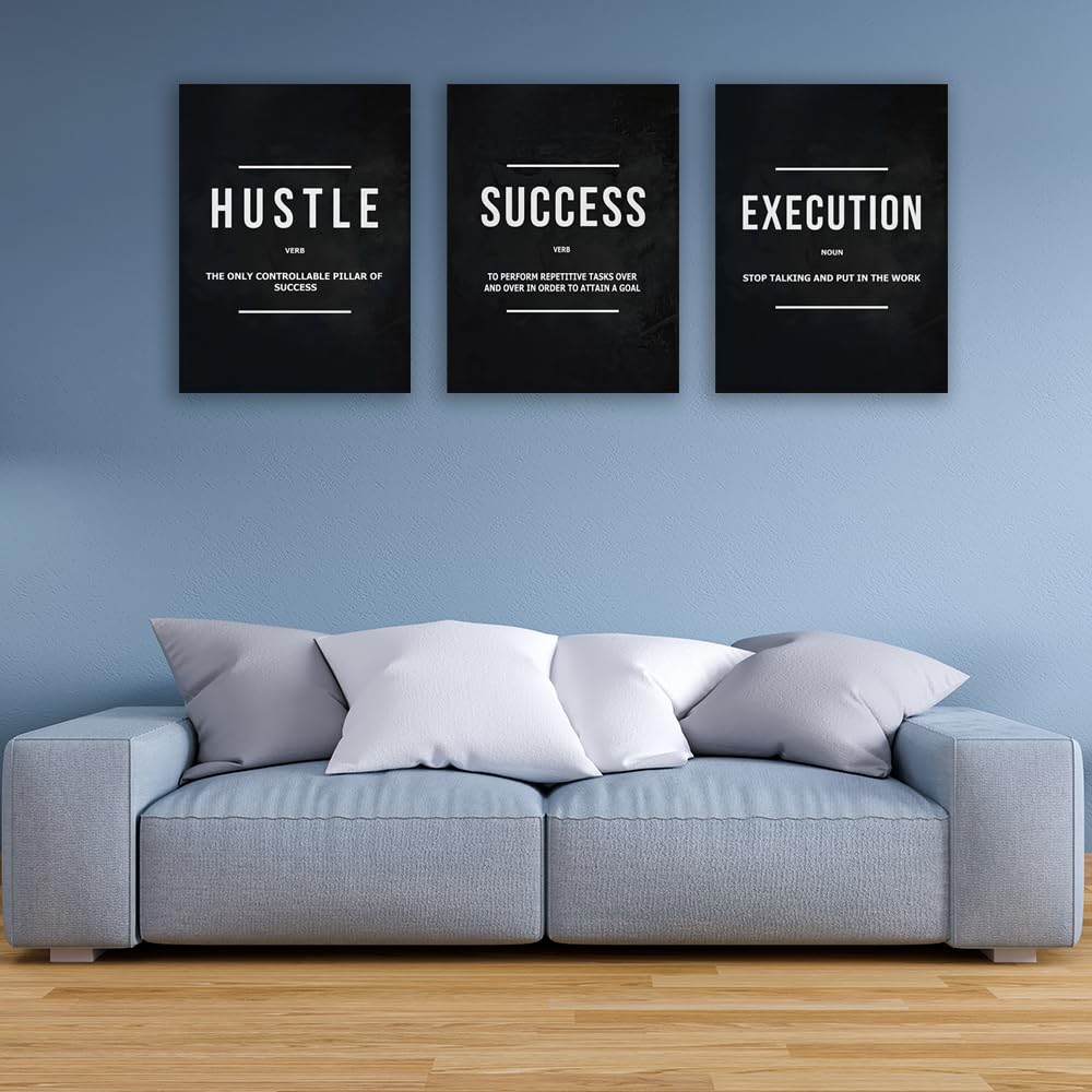 Halioyo Motivational Wall Art, 3 Pane Inspirational Canvas Prints with Positive Saying, Hustle Success Office Wall Decor for Living Room, Bedroom, Workspace, Ready to Hang(12x16 inch)