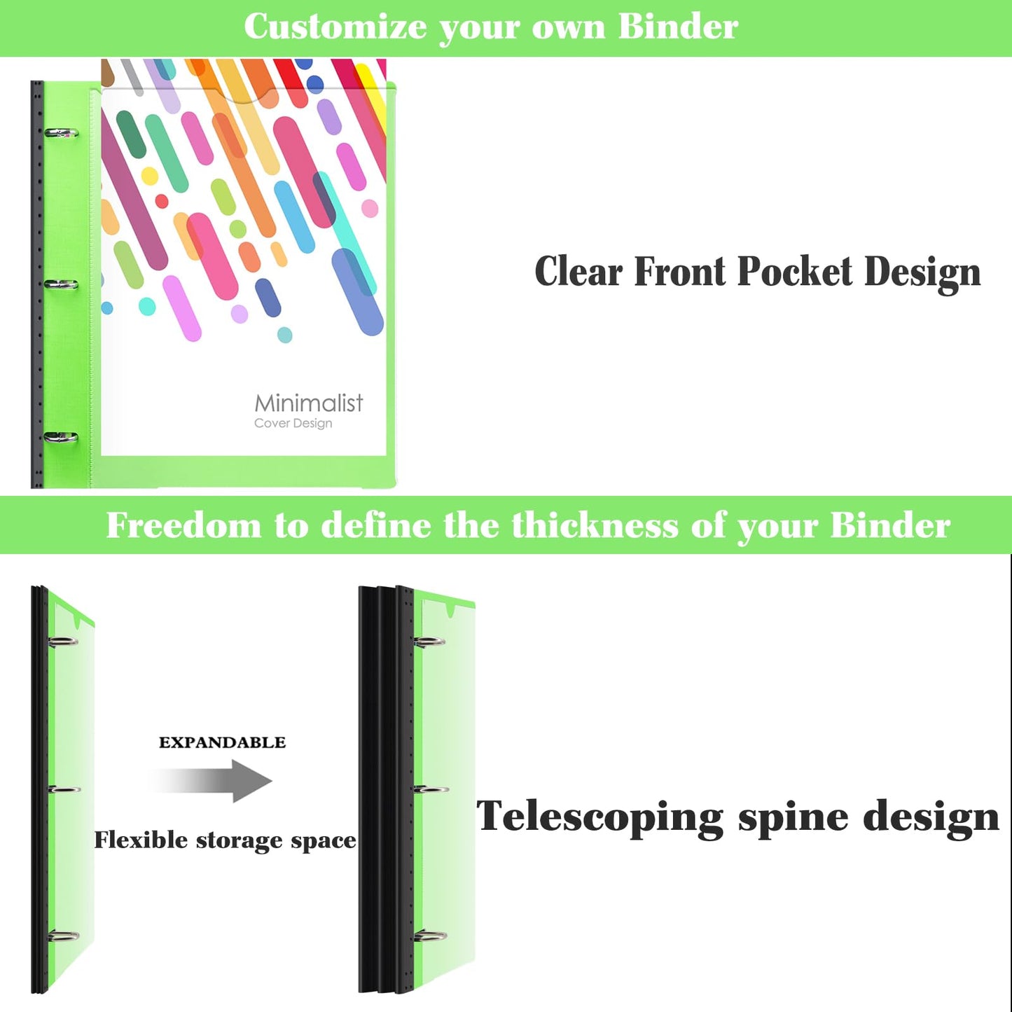 INFUN 1 Inch Telescoping Project Organizer Binder-2PCS,13 Pocket, Customizable Front Cover, 5 Colors Pocket Divider and Plastic Binder Pocket，225 Sheet Capacity-Green