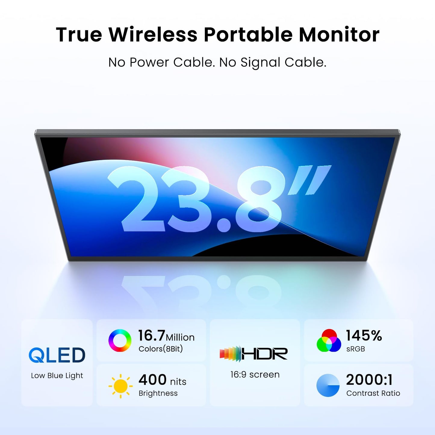 UPERFECT Wireless Portable Monitor with Battery 10000mAh, 23.8" 1080P FHD 100Hz 145% sRGB QLED Gaming Monitor with Stand, Bag & VESA, Large Second Screen for Laptop, Computer, Phone, Game Consoles