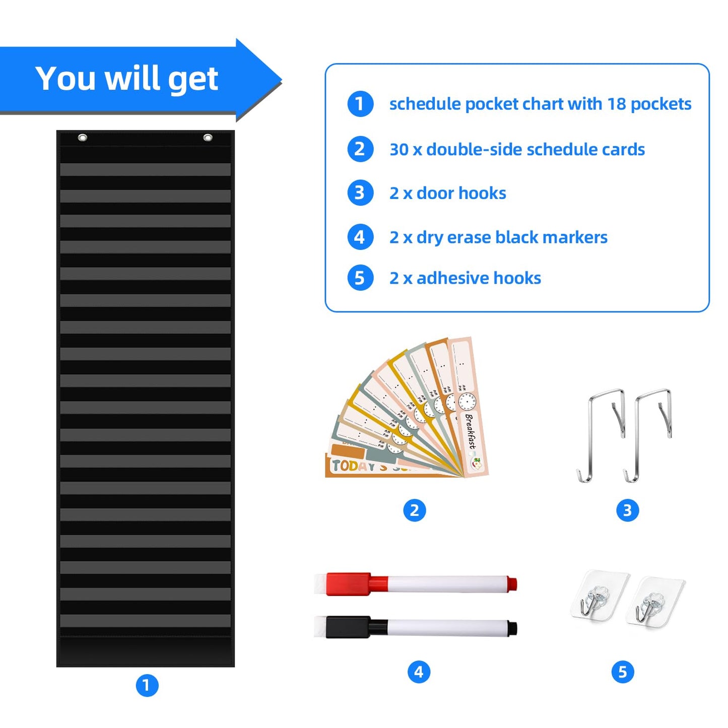 REGELETO Boho 18+1 Pockets Daily Schedule Pocket Chart, 30 pcs Double-Sided Reusable Cards, Scheduling Pocket Chart for Classroom Office Home School Activity(Black)