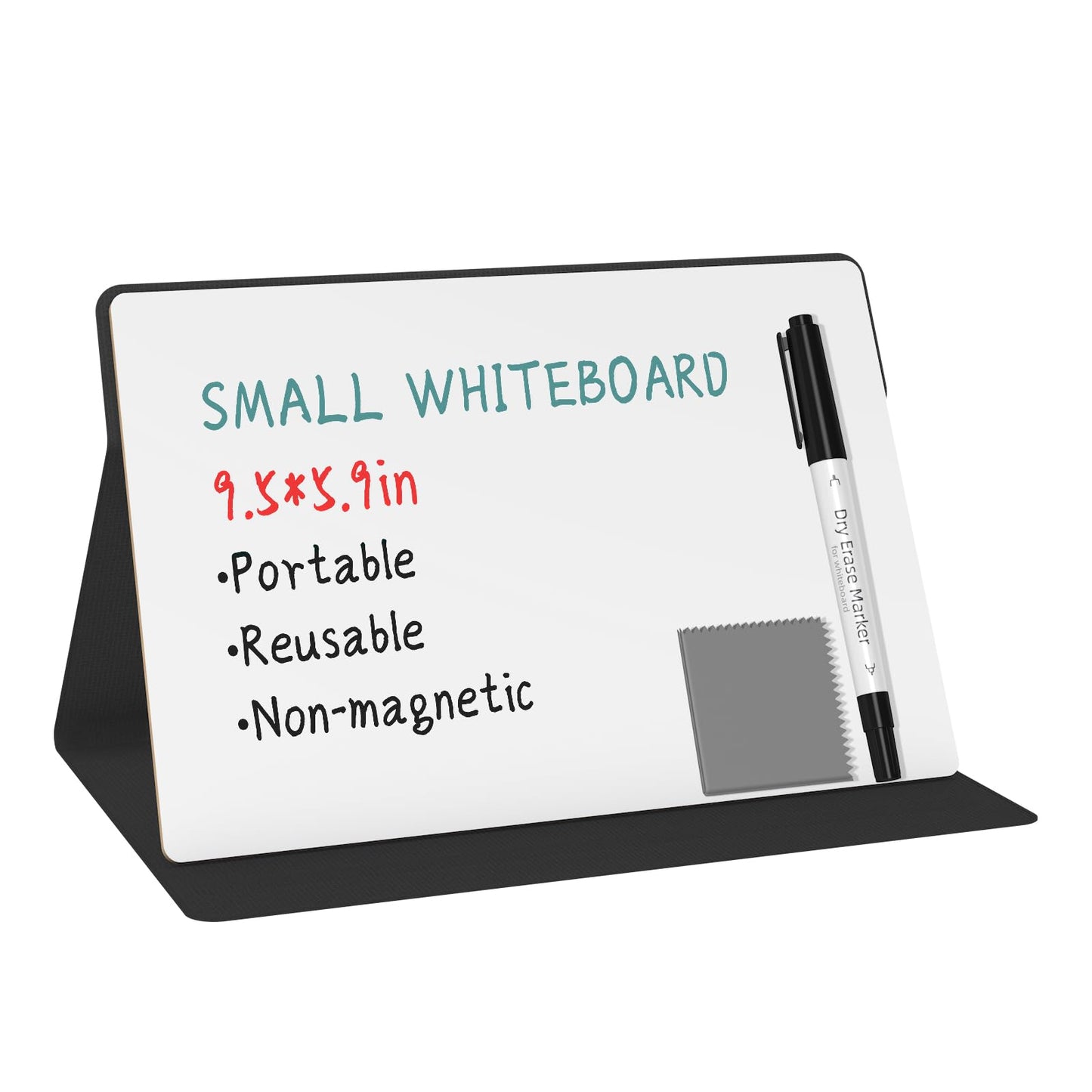 Portable Small White Board,Reusable Dry Erase Board with Stand,Desktop Whiteboard for Office Meeting Bussiness Home 9" x 6" with Marker, Wipe Cloth (Black)