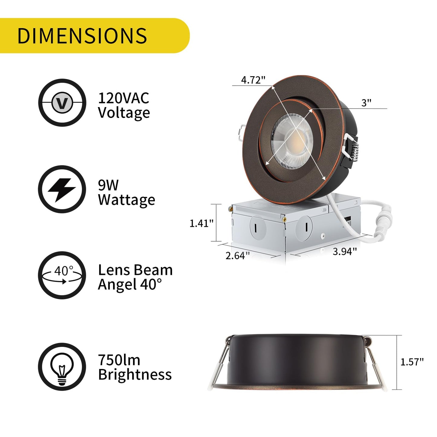 KnLnny Ware LED Recessed Lights 4 Inch, Oil-Rubbed Bronze, Dimmable, 9W 750LM, 6 Pack, Adjustable Eyeball Gimbal,