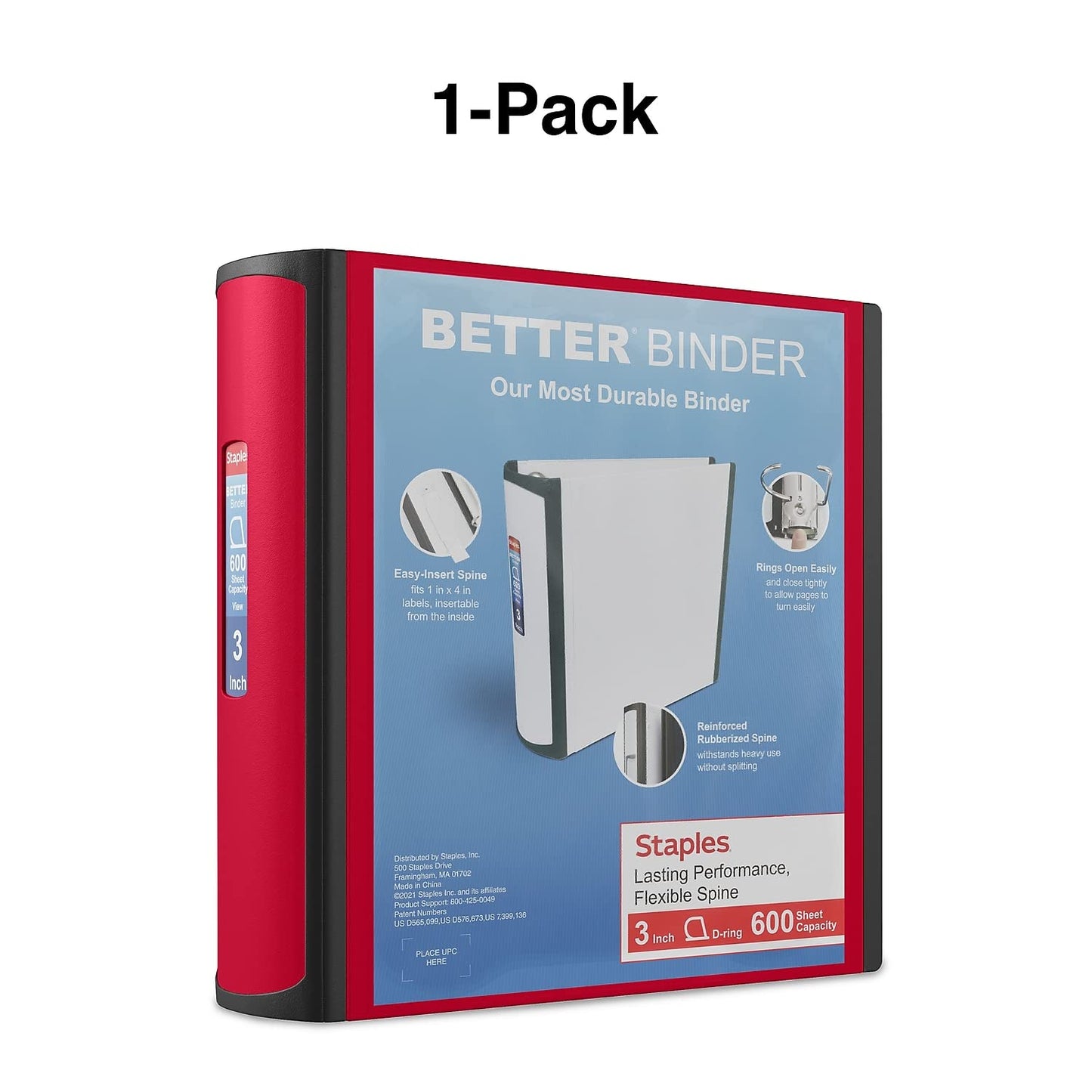Staples Heavy-Duty 3-Inch D-Ring Binder, Red – 3-Ring Binder with Vinyl Cover, Holds Up to 600 Sheets for School & Office