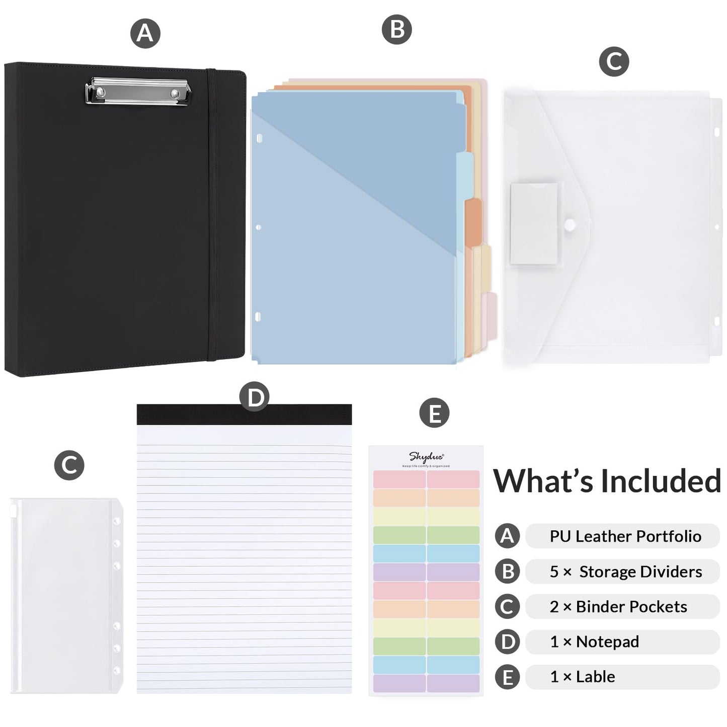 SKYDUE 3 Ring Binder with Clipboard, 13.2" × 10.2" Faux Leather 1 Inch Binder Organizer with 5 Pocket Dividers, Notepad, Labels & 2 Storage Pockets for Teachers, Students, Nurses & Office Work
