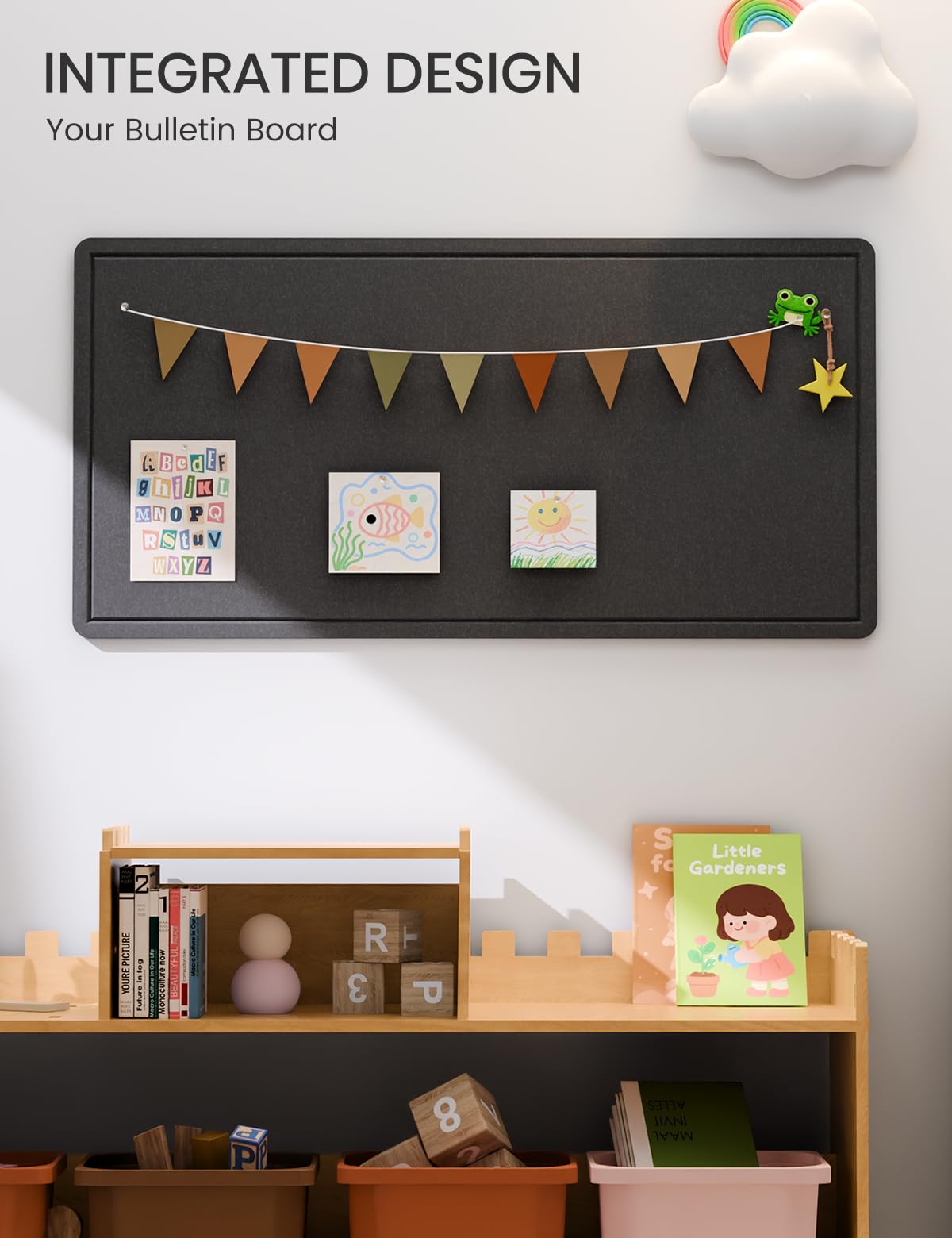 Fluxynara Bulletin Board, 35" x 17.5" Cork Board Alternative with 12 Safe Removable Adhesive Tabs, Foldable Felt Pin Board for Home Office, Classroom, Bedroom,Entryway for Walls—Black