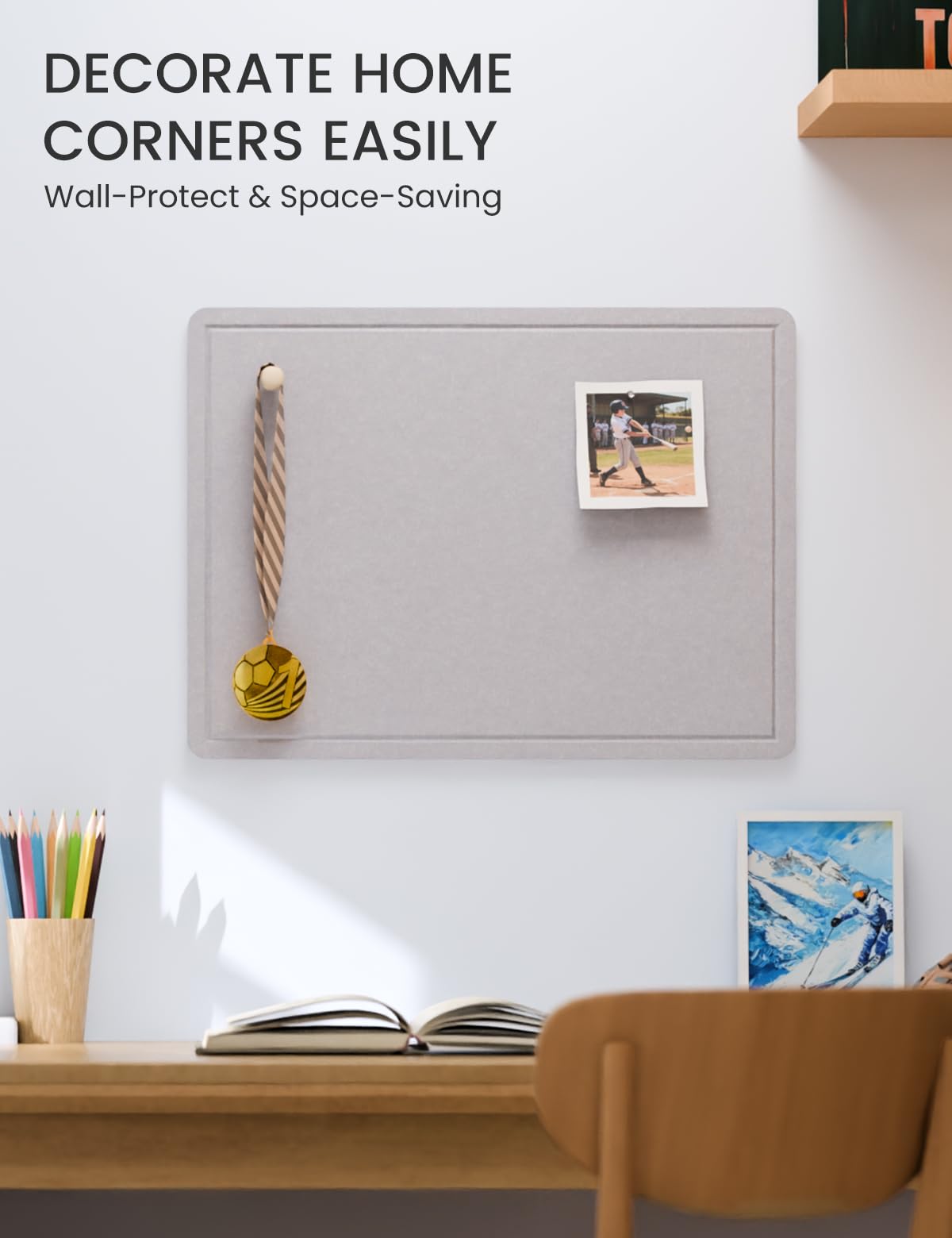 Fluxynara Bulletin Board, 23.6" x 17.5" Cork Board Alternative with 12 Safe Removable Adhesive Tabs, Foldable Felt Pin Board for Home Office, Classroom, Bedroom,Entryway for Walls—Soft Gray