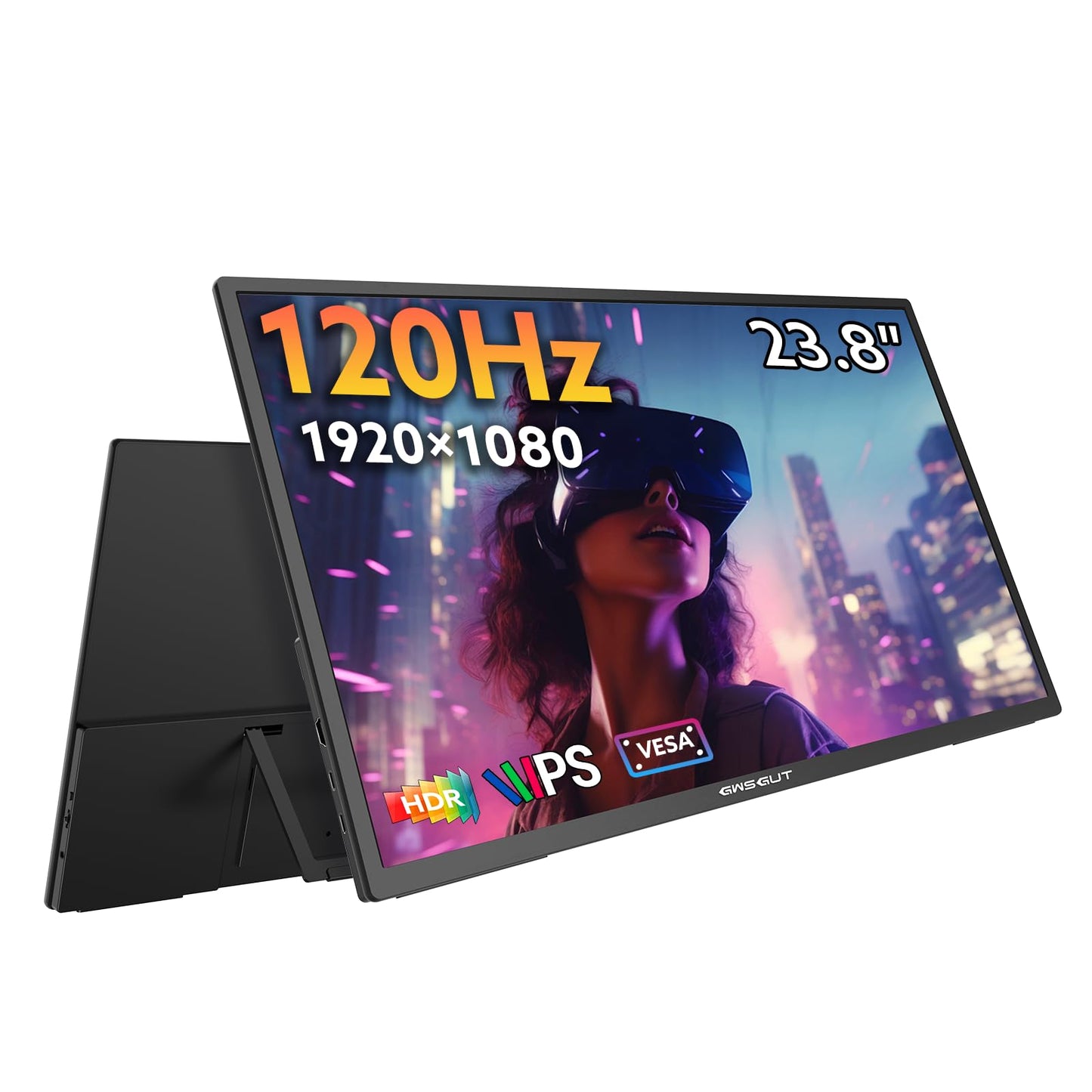 GWSGUT 23.8'' Portable Monitor FHD 1080P 120Hz, VESA USB-C HDMI Laptop Screen Extender, Built-in Stand Speakers for Laptop PC Mac Phone PS4/5 Xbox Switch