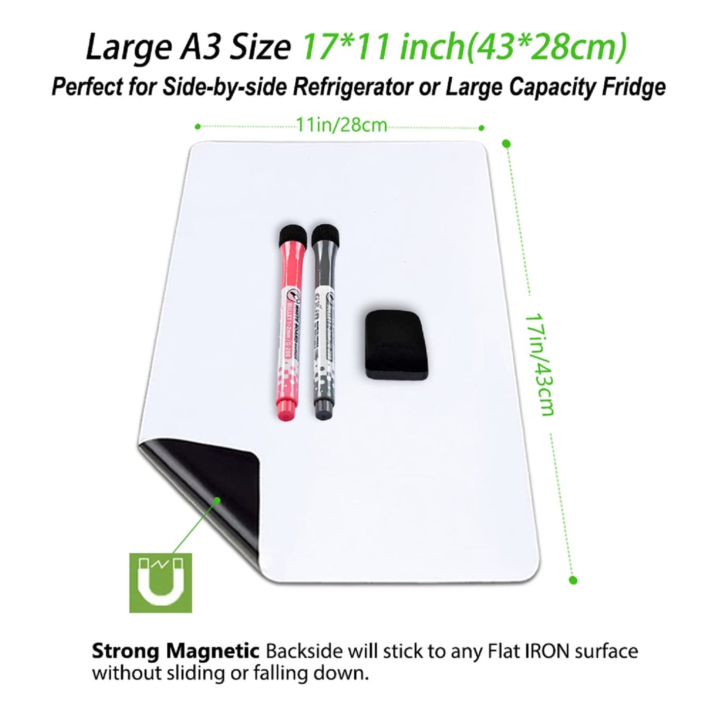 ANLIOTE Magnetic Dry Erase Board Fridge Whiteboard Sheet 17"x11", Easy to Write and Clean, Flexible Refrigerator White Board for Home Kitchen Memo Shopping List, 2 Marker Pens and Eraser with Magnets