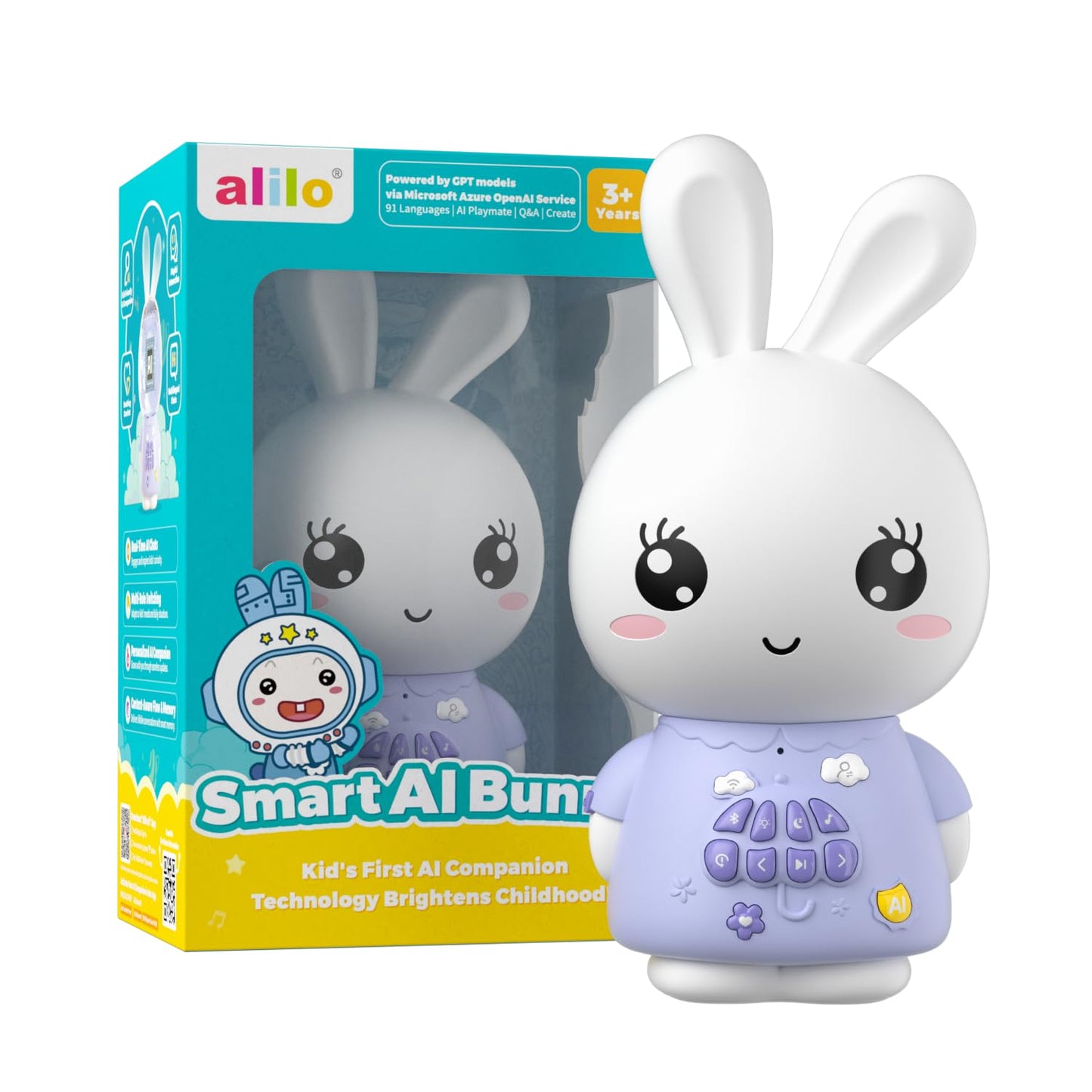 alilo AI Toys for Kids, Smart Companion with Real-Time Voice, 4 Agents & 91 Languages, Preloaded 48 Bunny English/50 Stories/66 Music/28 Lullabies/34 Classical Tunes, Bluetooth Speaker